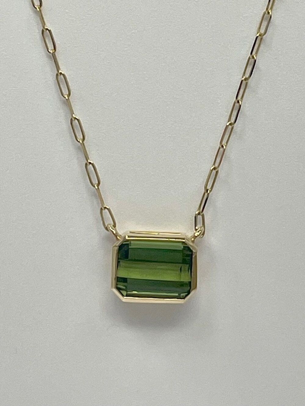 Green Tourmaline Necklace 3.98ct Emerald Cut 14K Yellow Gold